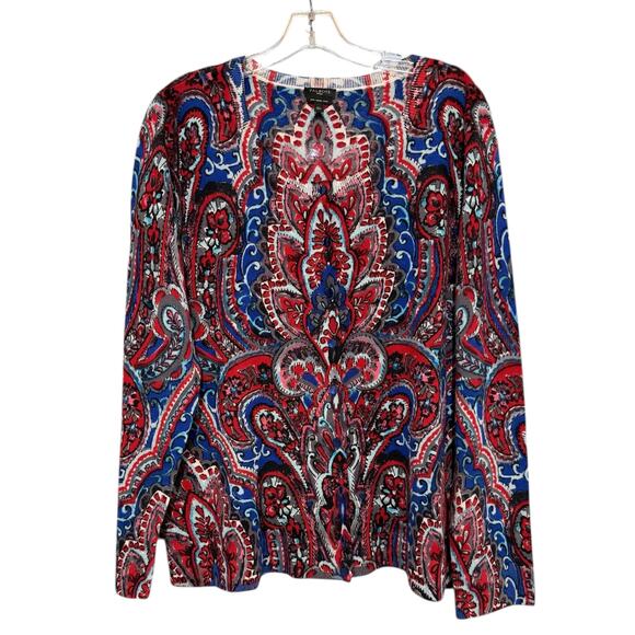 Talbots 2X Merino Wool Paisley Print Open Front Cardigan Sweater Red Blue Boho - Picture 2 of 6
